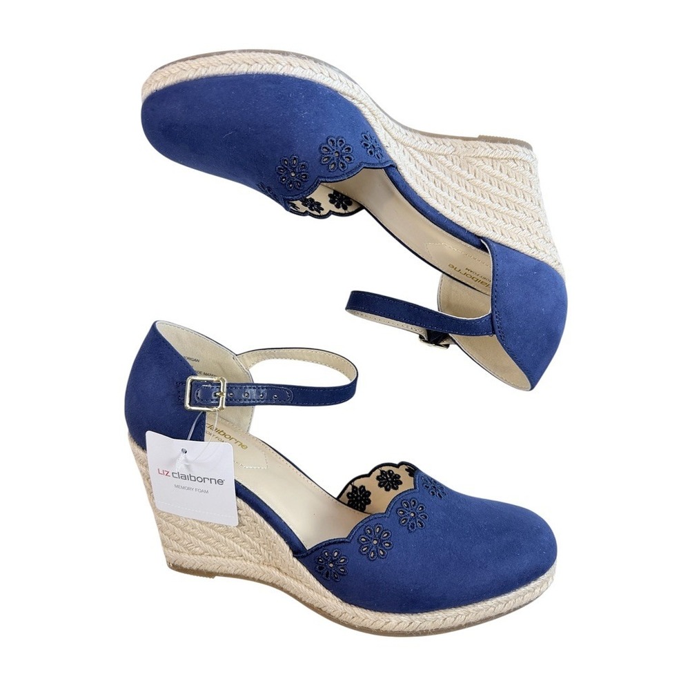 Liz Claiborne Morgan Espadrille Wedge‎ Womens 8.5 Navy Blue Scalloped Floral NWT